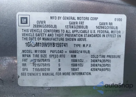 2000 Chevrolet Astro from USA, damaged, VIN 1GNDM19W9YB159741